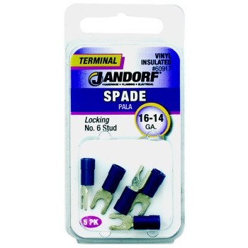 Jandorf 60917 Spade Terminal, 600 V, 16 to 14 AWG Wire, #6 Stud, Vinyl Insulation, Copper Contact, Blue