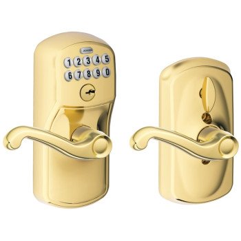 Schlage FE Series FE595 PLY 505 FLA Electronic Entry Lock, Wave Design, Bright Brass, Residential, 2 Grade, Metal