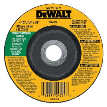 DEWALT DW4524 Grinding Wheel, Applicable Materials: Masonry, 4-1/2 in Dia, 1/4 in Thick, 7/8 in Arbor, 24 Grit