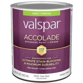 Valspar Accolade 1200 028.0012004.005 Latex Paint, Acrylic Base, Satin, Clear Base, 1 qt, Plastic Can