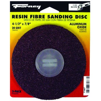 Forney 71667 Sanding Disc, 4-1/2 in Dia, 7/8 in Arbor, Coated, 24 Grit, Extra Coarse, Aluminum Oxide Abrasive