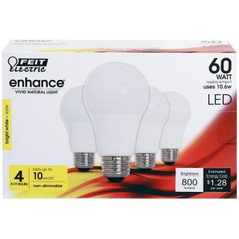 Feit Electric OM60/930CA10K/4 LED Bulb, General Purpose, A19 Lamp, 60 W Equivalent, E26 Lamp Base, Bright White Light