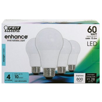 Feit Electric OM60/950CA10K/4 LED Bulb, General Purpose, A19 Lamp, 60 W Equivalent, E26 Lamp Base, Daylight Light, 4/PK