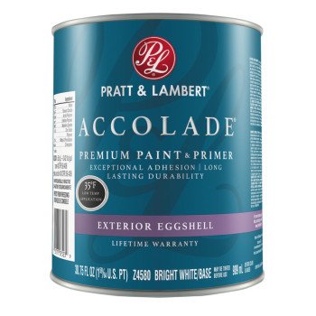 Pratt & Lambert Accolade Z4500 0000Z4580-44 Exterior Premium Paint and Primer, Eggshell, Bright White, 1 qt