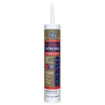 GE Siliconized Advanced Acrylic 2864197 Kitchen & Bath Sealant, White, 1 to 14 days Curing, 10 fl-oz Cartridge