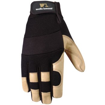 Wells Lamont 3214-L Adjustable Work Gloves, Men's, L, Reinforced Thumb, Spandex Back, Black/Brown/Tan