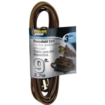 PowerZone OR670609 Extension Cord, 16 AWG Cable, 9 ft L, 125 V, Brown