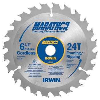 Irwin Marathon 24029 Circular Saw Blade, 6-1/2 in Dia, 5/8 in Arbor, 24-Teeth, Carbide Cutting Edge