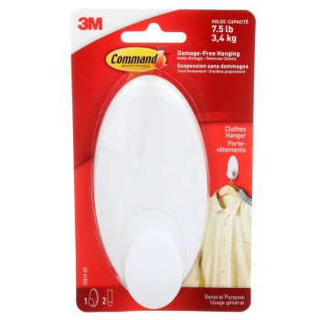 Command 17019-ES Large Clothes Hanger Hook, 7.5 lb, 1-Hook, Plastic, White