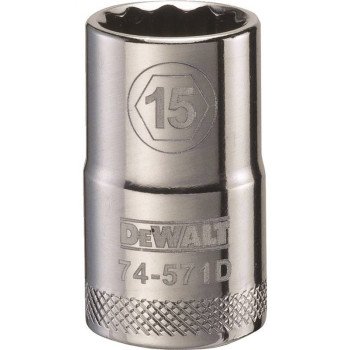 DEWALT DWMT74571OSP Drive Socket, 15 mm Socket, 1/2 in Drive, 12-Point, Vanadium Steel, Polished Chrome