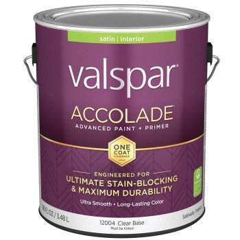 Valspar Accolade 1200 028.0012004.007 Latex Paint, Acrylic Base, Satin, Clear Base, 1 gal, Plastic Can