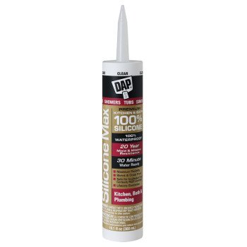 DAP SILICONE MAX 08668 Kitchen and Bath Sealant, Clear, 24 hr Curing, -35 to 140 deg F, 10.1 fl-oz Cartridge/Tube