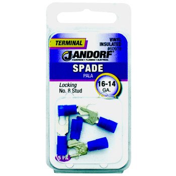 Jandorf 60919 Spade Terminal, 600 V, 16 to 14 AWG Wire, #8 Stud, Vinyl Insulation, Copper Contact, Blue