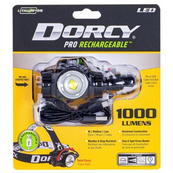 Dorcy Pro 41-2121 Headlamp, 2200 mAh, Lithium-Ion, Rechargeable Battery, LED Lamp, 1000 Lumens, Area, Spot Beam, Black