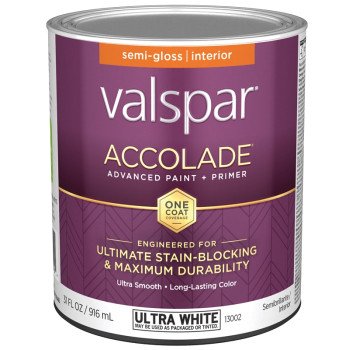 Valspar Accolade 1300 028.0013002.005 Latex Paint, Acrylic Base, Semi-Gloss, Ultra White, 1 qt, Metal Can