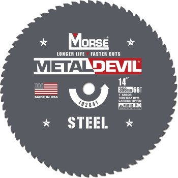 Morse Metal Devil 102841 Circular Saw Blade, 14 in Dia, 1 in Arbor, 66-Teeth, Applicable Materials: Iron, Steel