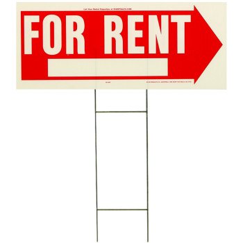 Hy-Ko RS-806 Lawn Sign, Rectangular, FOR RENT, White Legend, Red Background, Plastic, 9-1/2 in W x 24 in H Dimensions