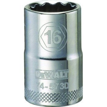 DEWALT DWMT74573OSP Drive Socket, 16 mm Socket, 1/2 in Drive, 12-Point, Vanadium Steel, Polished Chrome