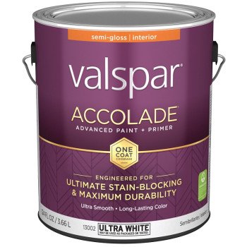 Valspar Accolade 1300 028.0013002.007 Latex Paint, Acrylic Base, Semi-Gloss, Ultra White, 1 gal, Plastic Can