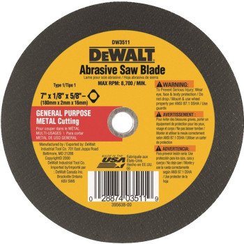 DEWALT HIGH PERFORMANCE Series DW3511 Abrasive Saw Blade, 7 in Dia, 5/8 in Arbor, Aluminum Oxide Cutting Edge