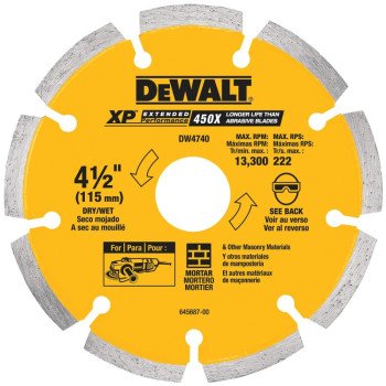 DEWALT DW4740 Circular Saw Blade, 4-1/2 in Dia, 5/8 in Arbor, Diamond Cutting Edge, Applicable Materials: Stone