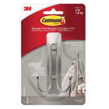 Command 17036BN-ES Large Double Hook, 4 lb, 1-Hook, Metal/Plastic, Gray, Brushed Nickel