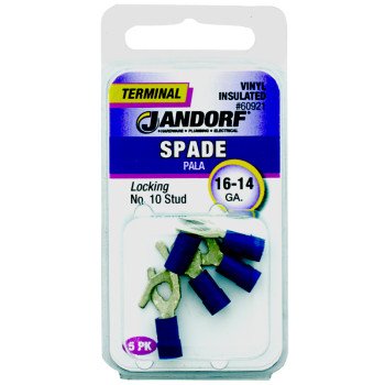 Jandorf 60921 Spade Terminal, 600 V, 16 to 14 AWG Wire, #10 Stud, Vinyl Insulation, Copper Contact, Blue