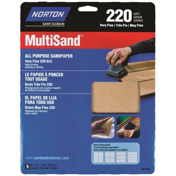 Norton MultiSand 07660747710 Sanding Sheet, 11 in L, 9 in W, Very Fine, 220 Grit, Aluminum Oxide Abrasive, Paper Backing