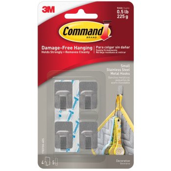 Command 17031SS-4ES Small Hook, 0.5 lb, 4-Hook, Metal, Gray, Stainless Steel