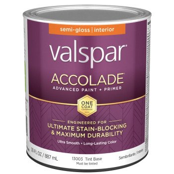 Valspar Accolade 1300 028.0013003.005 Latex Paint, Acrylic Base, Semi-Gloss, Tint Base, 1 qt, Plastic Can