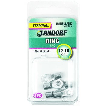 Jandorf 60832 Ring Terminal, 12 to 10 AWG Wire, #6 Stud, Copper Contact