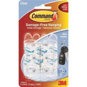 Command 17006CLR Adhesive Hook, 0.5 lb, 6-Hook, Plastic, Transparent