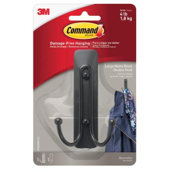 Command 17036MB-ES Large Decorative Double Hook, 5 lb, 1-Hook, Metal/Plastic, Black, Matte