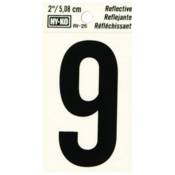 Hy-Ko RV-25/9 Reflective Sign, Character: 9, 2 in H Character, Black Character, Silver Background, Vinyl