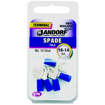 Jandorf 60922 Spade Terminal, 600 V, 16 to 14 AWG Wire, #10 Stud, Vinyl Insulation, Copper Contact, Blue