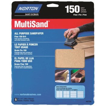 Norton MultiSand 07660747720 Sanding Sheet, 11 in L, 9 in W, Fine, 150 Grit, Aluminum Oxide Abrasive, Paper Backing