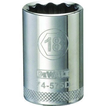 DEWALT DWMT74575OSP Drive Socket, 18 mm Socket, 1/2 in Drive, 12-Point, Steel, Polished Chrome Vanadium