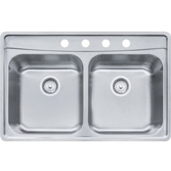 FRANKE Evolution Series EVDAS804-20 Kitchen Sink, 4-Faucet Hole, 22-1/2 in OAW, 33-1/2 in OAD, 8 in OAH, 2-Bowl