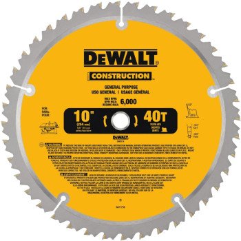 DeWALT DW3114 Saw Blade, 10 in Dia, 5/8 in Arbor, 40-Teeth, Carbide Cutting Edge