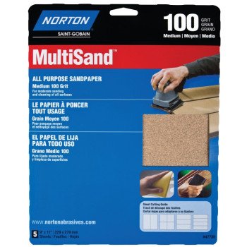 Norton MultiSand 07660747735 Abrasive Sheet, 11 in L, 9 in W, Medium, P100 Grit, Aluminum Oxide Abrasive, Paper Backing