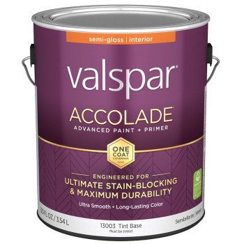 Valspar Accolade 1300 028.0013003.007 Latex Paint, Acrylic Base, Semi-Gloss, Tint Base, 1 gal, Plastic Can