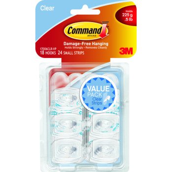 Command 17006CLR-VP Adhesive Hook, 0.5 lb, 18-Hook, Plastic, Clear