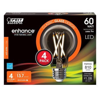 Feit Electric A1960CL927CA/FIL/4 Filament LED Bulb, Type A, A19 Lamp, 60 W Equivalent, E26 Lamp Base, Dimmable, Clear, 4/PK