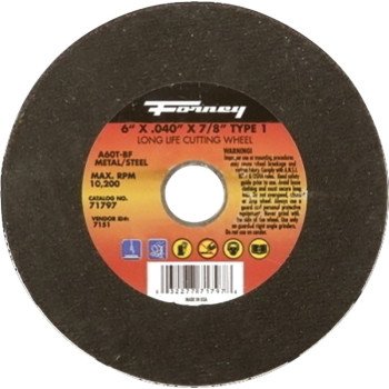 Forney 71797 Cut-Off Wheel, 6 in Dia, 0.04 in Thick, 7/8 in Arbor, 60 Grit, Medium, Aluminum Oxide Abrasive