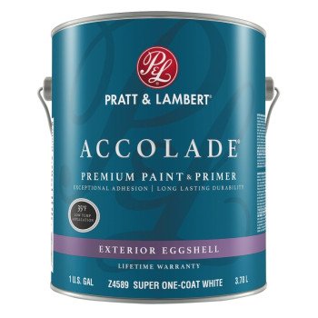 Pratt & Lambert ACCOLADE Z4500 Z4589-16 Exterior Premium Paint and Primer, Eggshell, Super One-Coat White, 1 gal