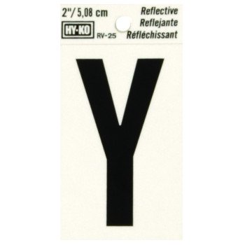 Hy-Ko RV-25/Y Reflective Letter, Character: Y, 2 in H Character, Black Character, Silver Background, Vinyl