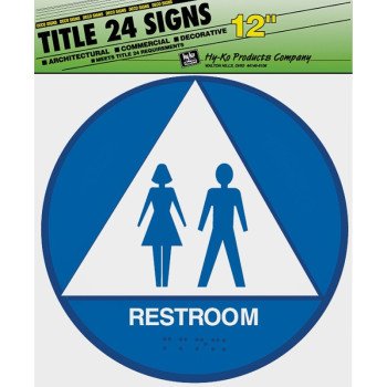 Hy-Ko T-24U Graphic Sign, Round, Triangle, REST ROOM, White Legend, Blue/White Background, Plastic