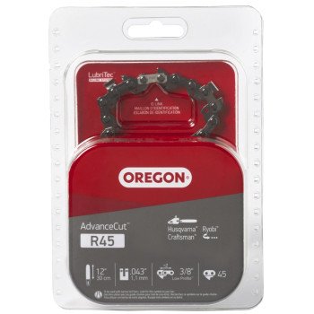 Oregon AdvanceCut R45 Chainsaw Chain, 12 in L Bar, 0.043 Gauge, 3/8 in TPI/Pitch, 45-Link