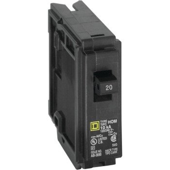 Square D Homeline HOM120CP Circuit Breaker, Mini, 20 A, 1 -Pole, 120 V, Fixed Trip, Plug Mounting, Black