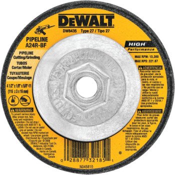 DEWALT DW8435 Grinding Wheel, Applicable Materials: Ferrous Metal, Stainless Steel, 4-1/2 in Dia, 1/8 in Thick, 24 Grit